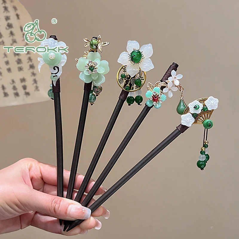 النمط الصيني مضيئة جناح الشعر العصي للنساء الاطفال الرجعية المعادن الخشب زهرة شرابة دبوس الشعر مقاطع إكسسوارات الشعر #5