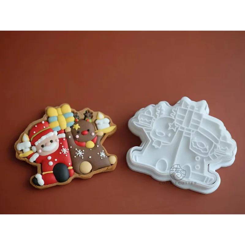 Christmas Cookie Cutter Santa Elk Snowman Tree Socks Frosting Hand Press Mold Stamped Cookie Mold Hand Pressed Biscuit Mold