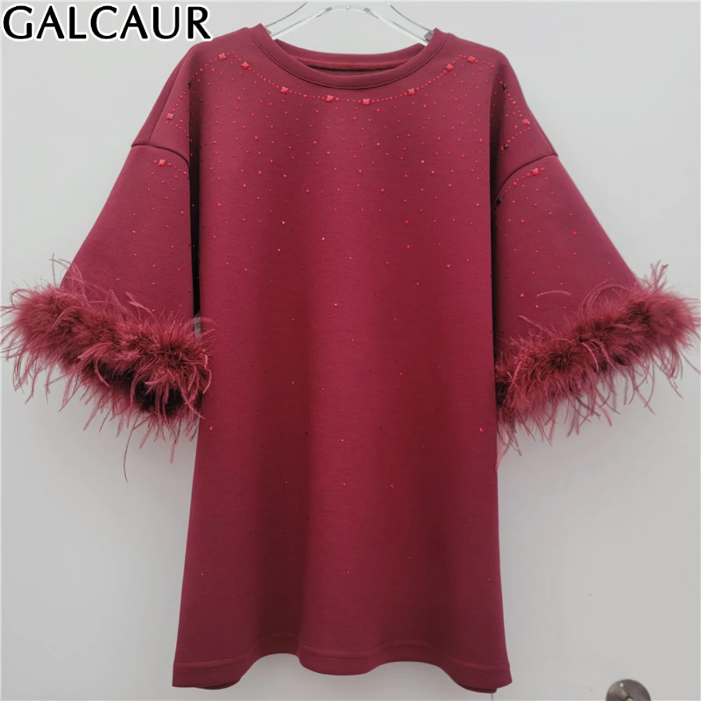 

GALCAUR Solid Loose Fashion Spliced Diamonds T Shirts for Women Round Neck Short Sleeves Patchwork Feather Top Female Clothing