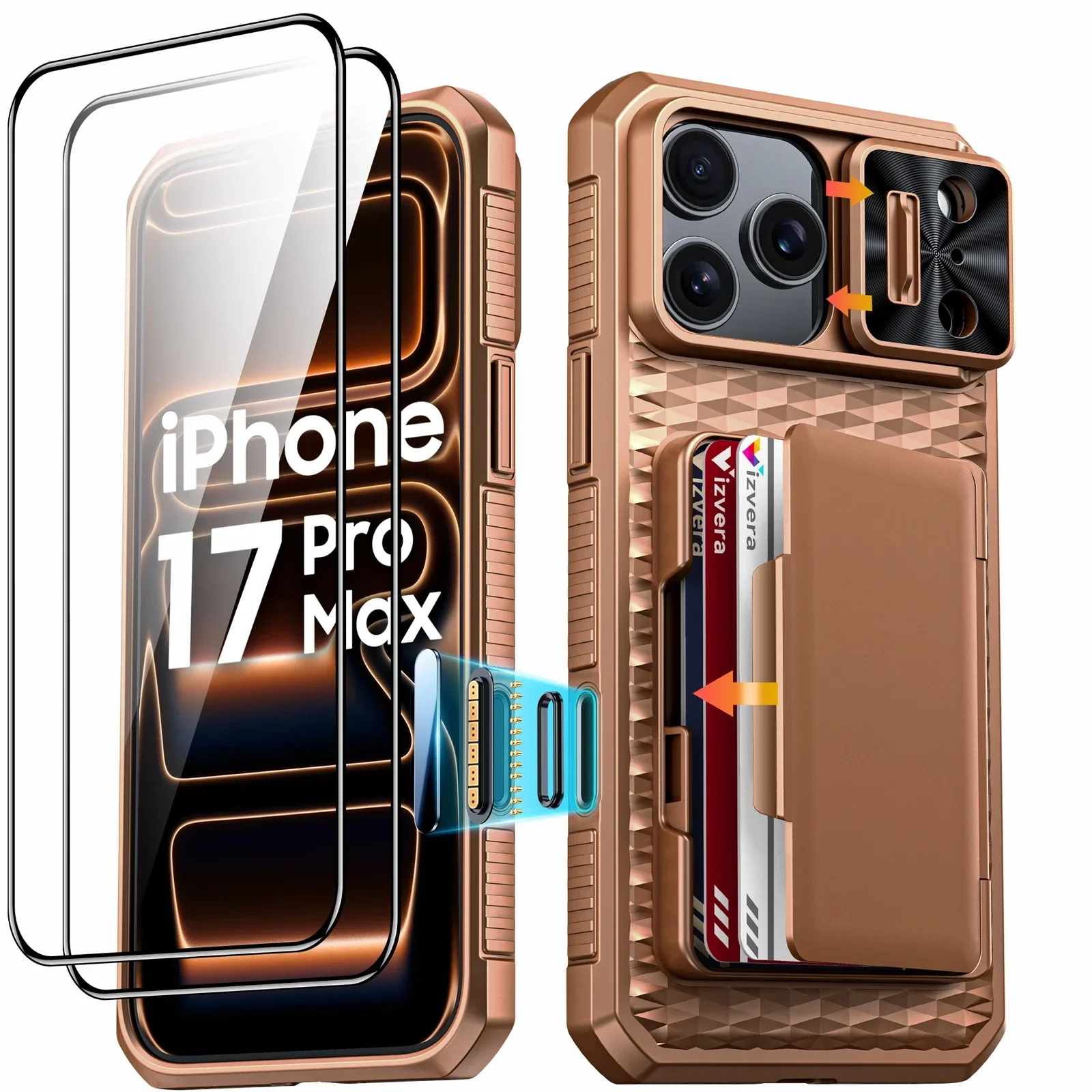 

For iPhone 17 Pro Max With Card Holder Sliding Camera Cover And Stand Phone Case, Anti-Fall PC+TPU Wallet Case-Gold