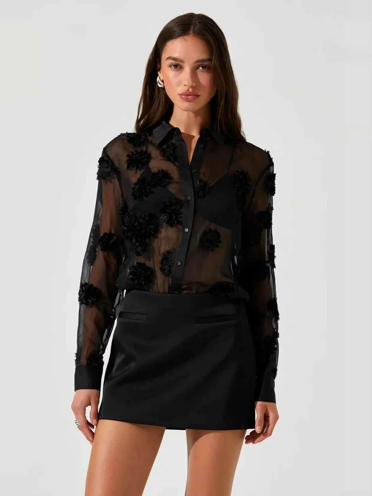 

Сексуальный прозрачный ирль с цветочной 3D вышивкой, французский слэ, женский деловой повседневный длинный све с высокой талией, весна 2025 г.