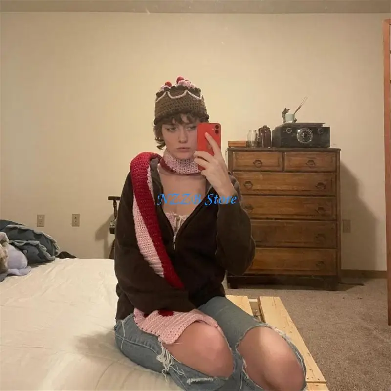 T21F فتاة شعبية الأزهار قبعة الحياكة دلو قبعة المرأة قبعة الشمس قبعة بونيه Handcrochet #4