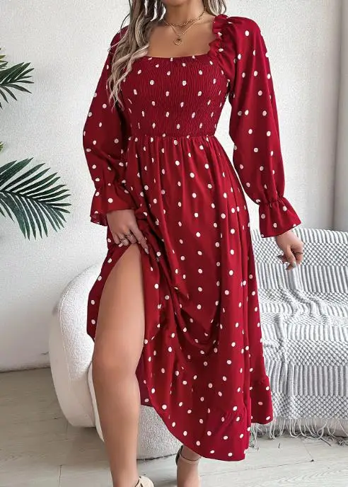 

Women's Casual Long Skirt with Fungus Edge Square Collar Polka Dot Design Big Swing Autumn Winter 2025 Real Shot