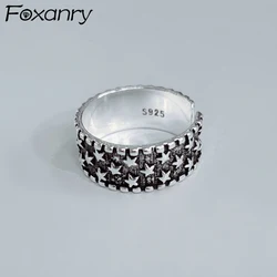 Foxanry Silver Color Star Pattern Cuff Rings For Women Couples Fashion Vintage Minimalist Hip Hop Handmade Party Jewelry Gifts