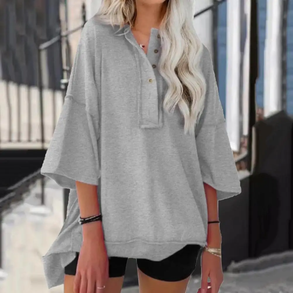 

Sport T-shirt Stylish Button-up Patchwork Sweatshirt for Women Three Quarter Sleeve Pullover Top with Sporty Vibes for Fall