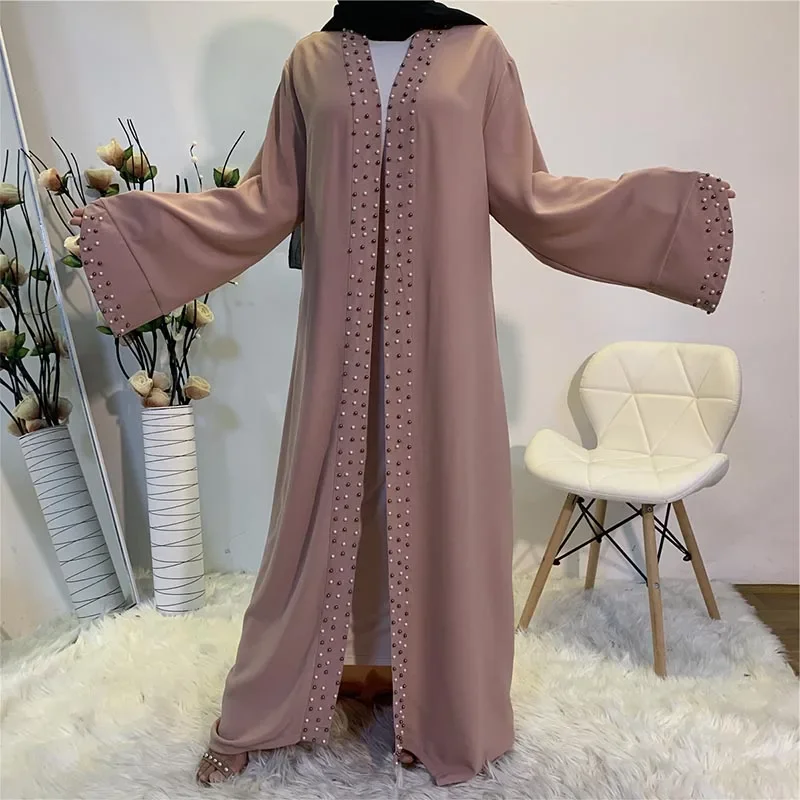 Latest Muslim Abayas for Women Islamic Fashion Pearls Kimono Robe Modest Dress Long Elegant Cardigans Clothing Front Open Abaya