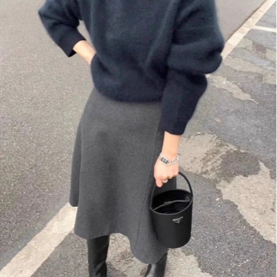 

New Autumn Elegant Woolen Skirt Women High Waist A-Line Solid Color Casual Fashion Office Lady Skirts Autumn Mujer Faldas