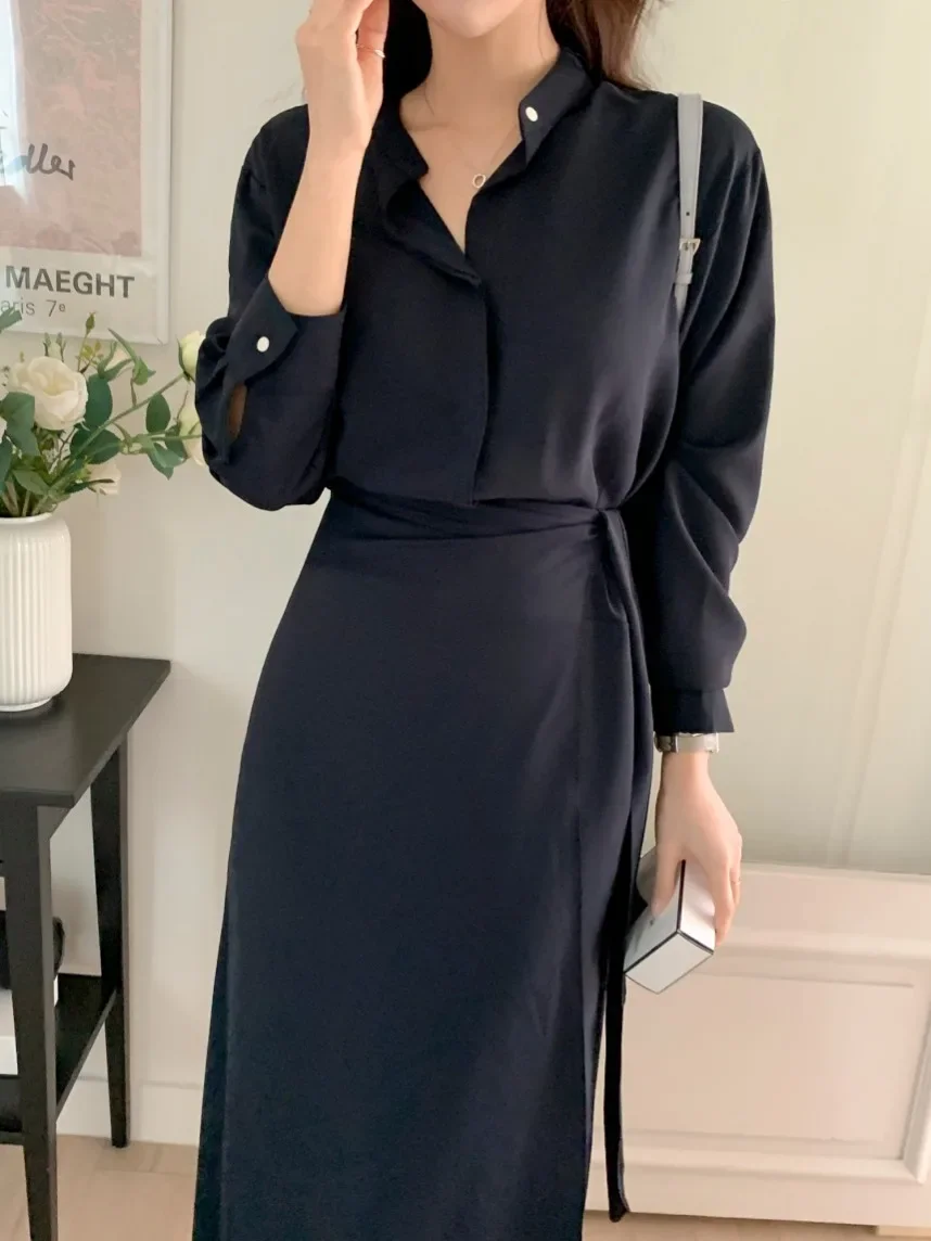 2024 Autumn French Black Vintage Midi Dress Women Laca Up Casual Long Sleeve Harajuku Dress Female Solid Korea Fashion Clothes