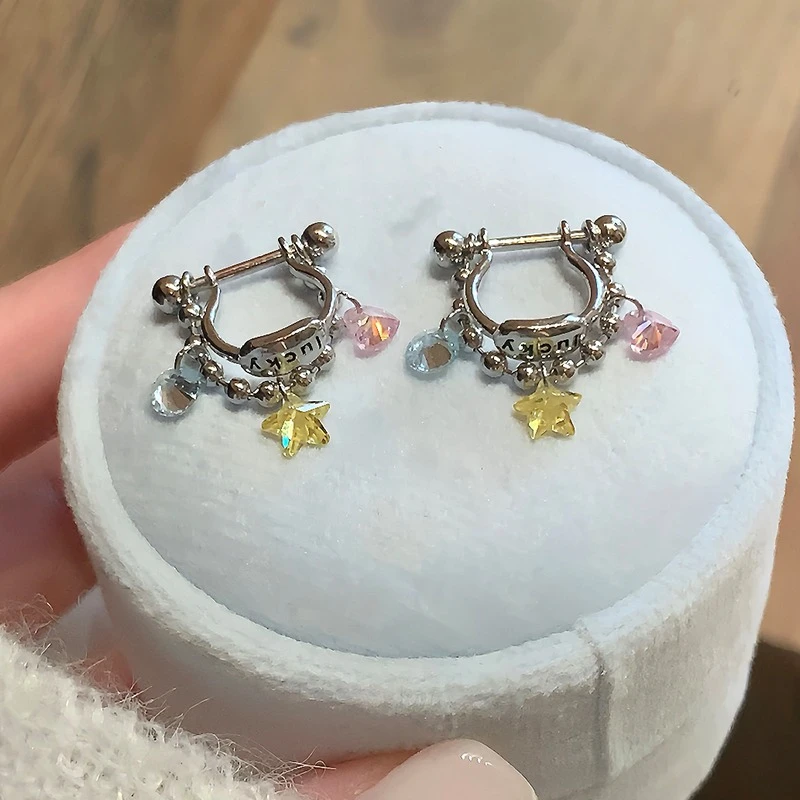 Kleurrijke ster dubbele ketting hoepel oorbellen voor vrouwen roestvrij staal oor bot nagel oorbel zoete mode piercing accessoires cadeau