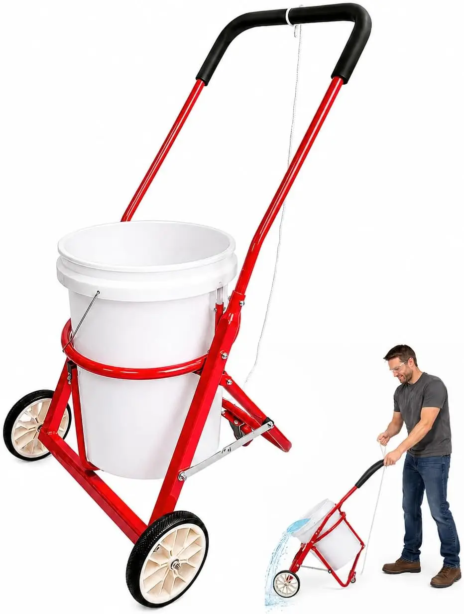 5-Gallon Wheeled Bucket Cart Featuring a Pull-Cord Dump Mechanism
