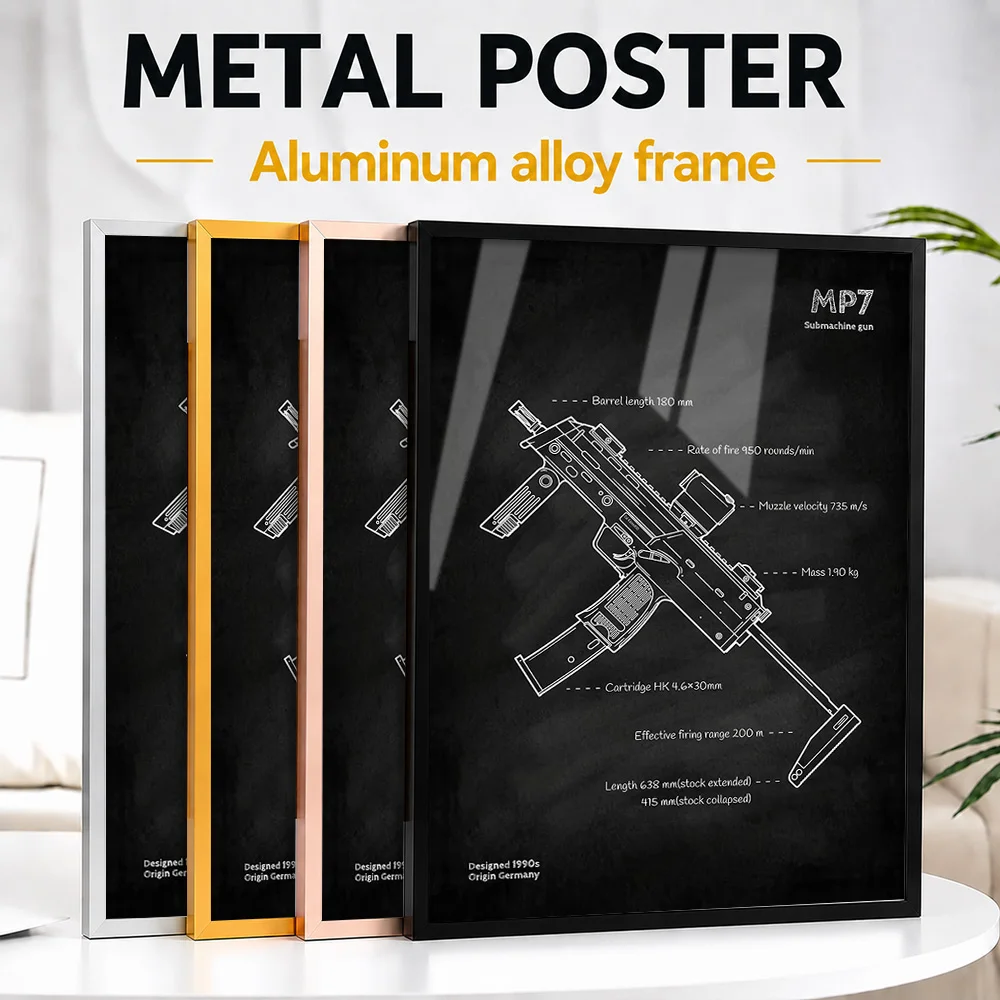 MP7 Submachine Gun Blueprint Framed Metal Print Customized Photo Drafting Style Wall Art For Workshop Thoughtful Inventor Gift