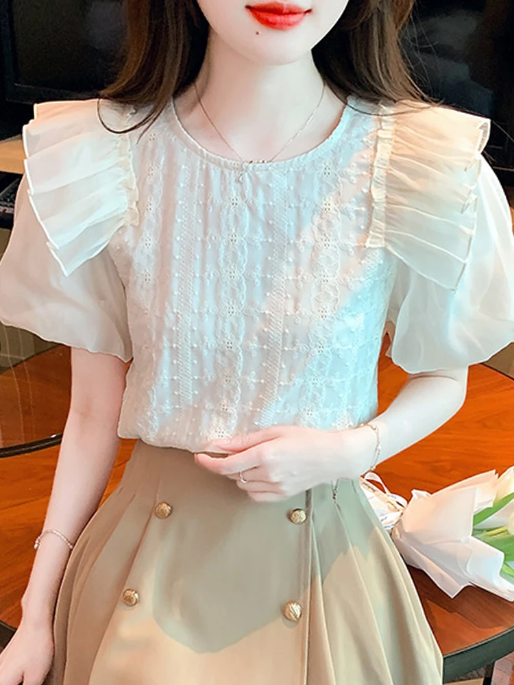 Summer Women Tops Short Sleeve Blouse Women Blusas Mujer De Moda 2024 Verano Ruffles O-Neck Chiffon Blouse Shirt Blouses G495