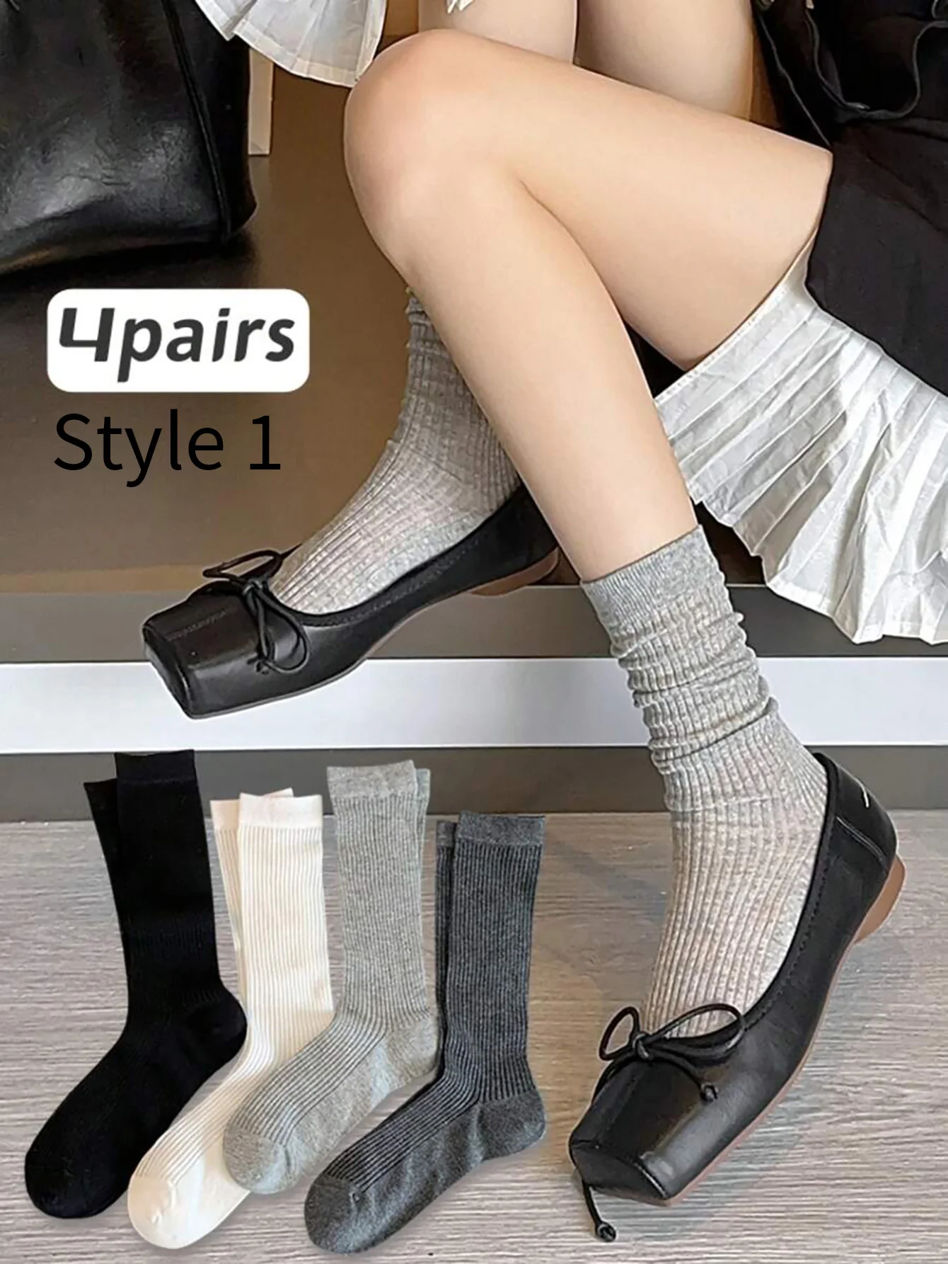 3/4 Paar Damen-Socken bis zur Wade, kniehohe Socken, Socken im College-Stil, Farblich abgestimmt in Schwarz, Weiß und Grau, sommerlich dünn und süß