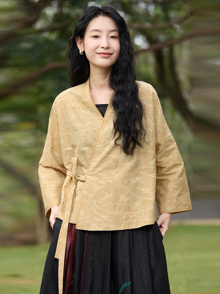 

Original Design Silk Cotton Embroidered Satin Loose H-Sle Women's Top Cross-Collared Long Sve V-Ne Chinese Brand