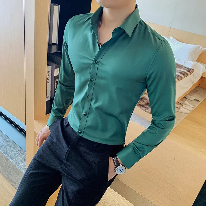Boutique Fashion Solid Color Formal Wedding Dress Men's Long-sleeved Shirts Club Banquet Party Social Male Shirt
