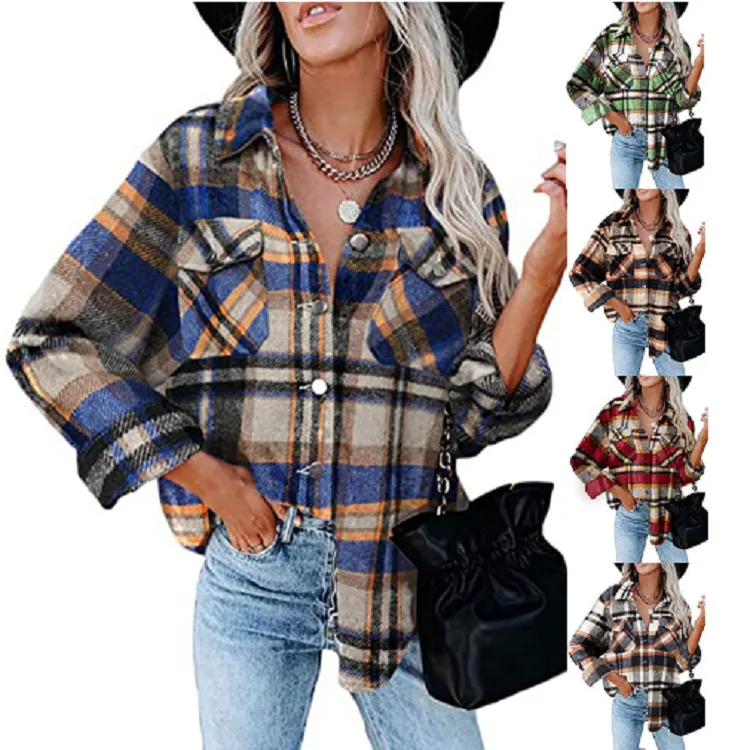 

Autumn and Winter European and American Women's Amazon New Plaid Woolen Shirt Single Breasted Pocket Casual Shirt