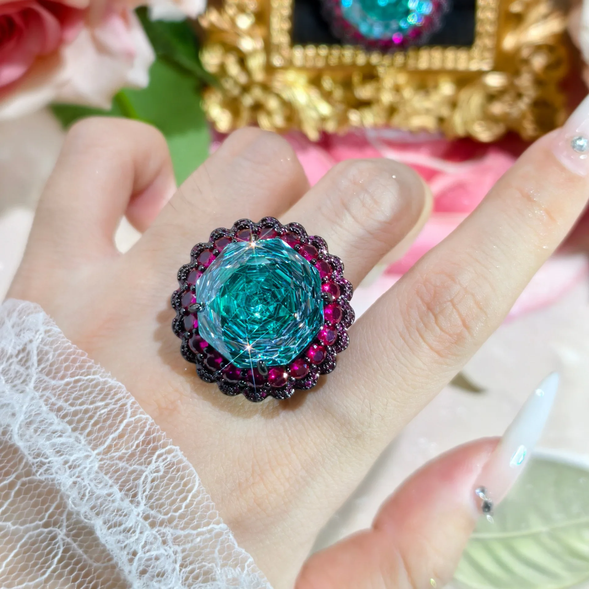 

Luxury Crystal Rose Flower Ring For Lady Wedding Jewelry Set High-end 18MM Large Stones Ring Women Birthday Gift