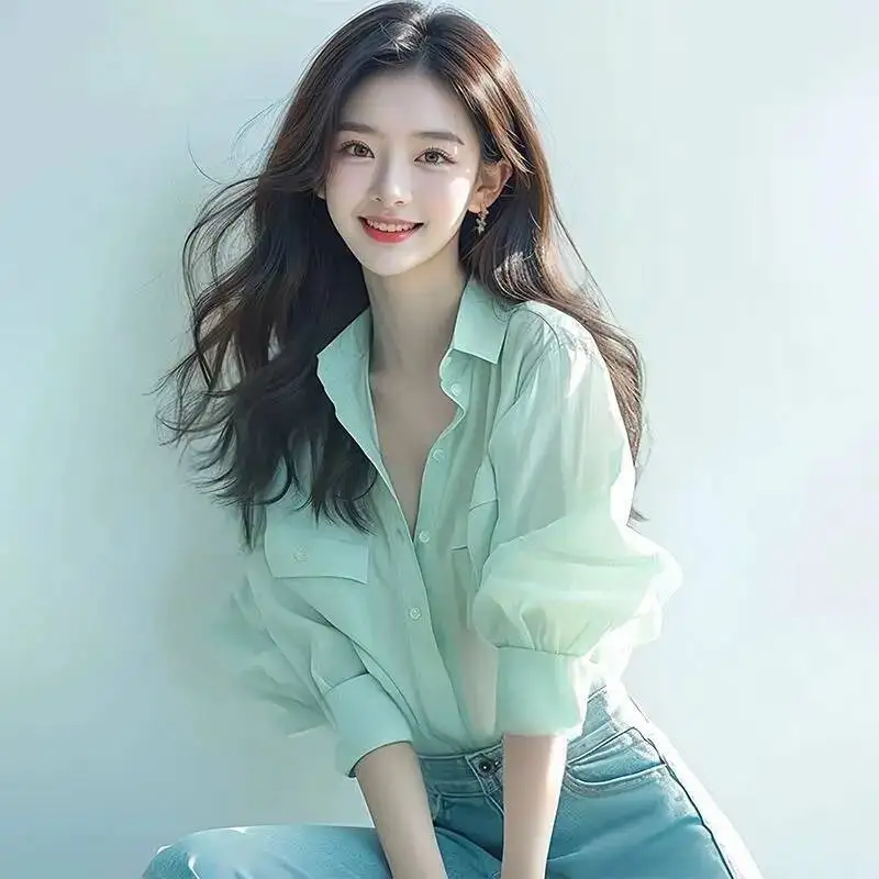 

Весенне-летняя зеленая солнцезащитная рубашка с принтом пузырей, женская S, новый модный топ высокого класса