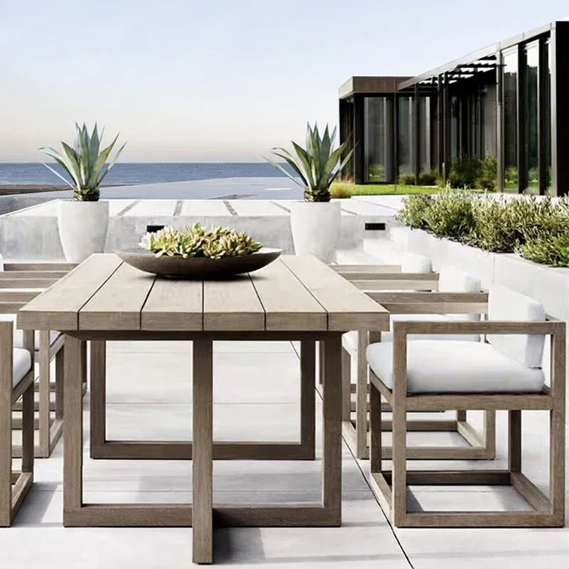 Outdoor tables and chairs, high-end teak courtyard terrace, villa rattan chair, outdoor long table, dining chair, leisure garden