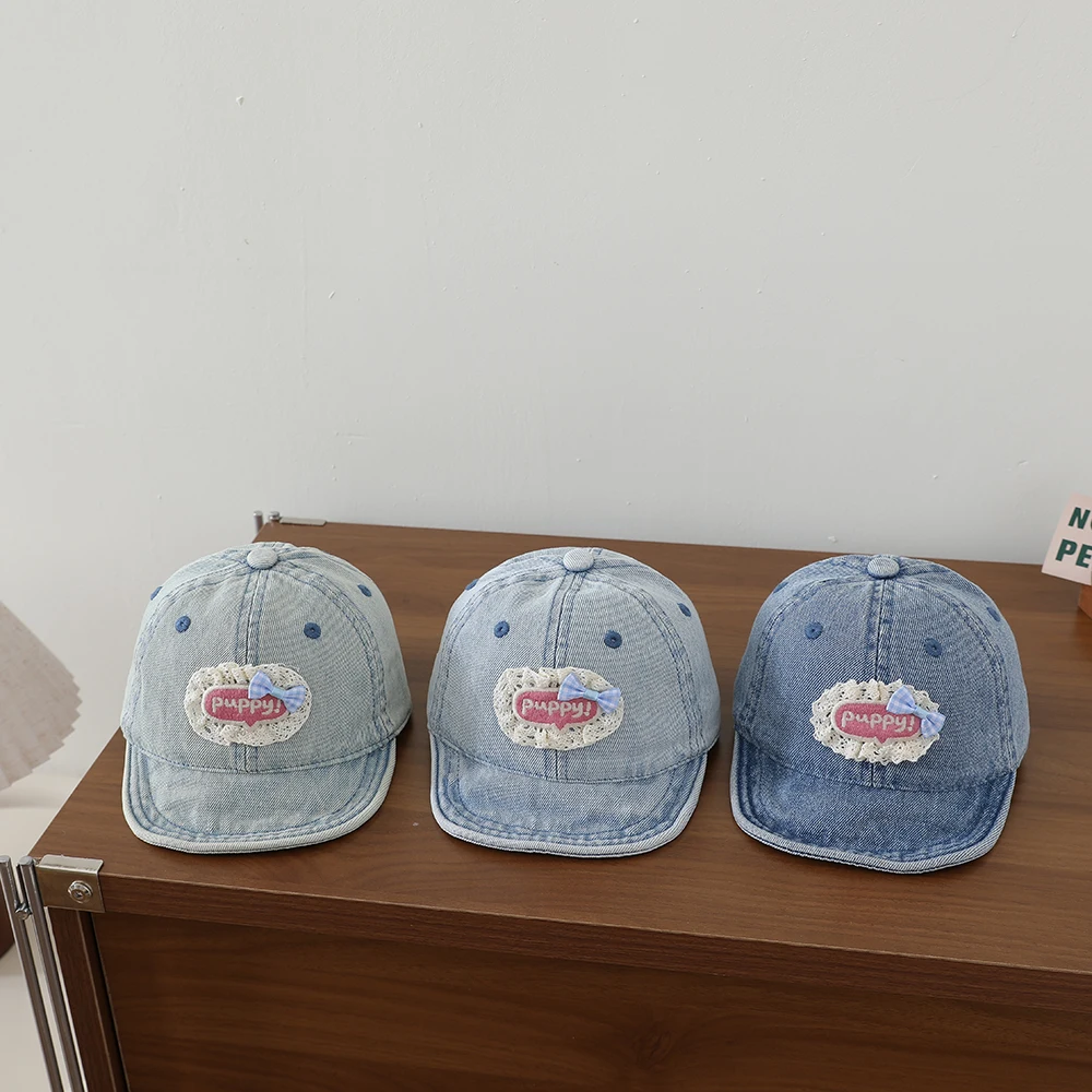 Sweet Style Patchwork Lettered Lace Edging Denim Kids Baseball Cap Washed and Antique Soft Brim Bowler Hat