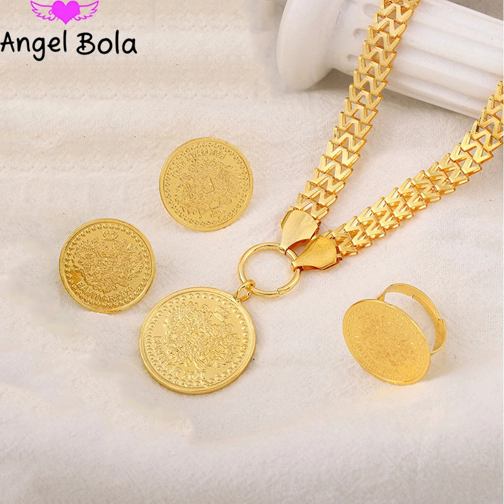 Dubai Jewelry Sets 24k Yellow Gold Coin Earrings Ring Pendant Neckalce for Woman African Morrocan Jewelry