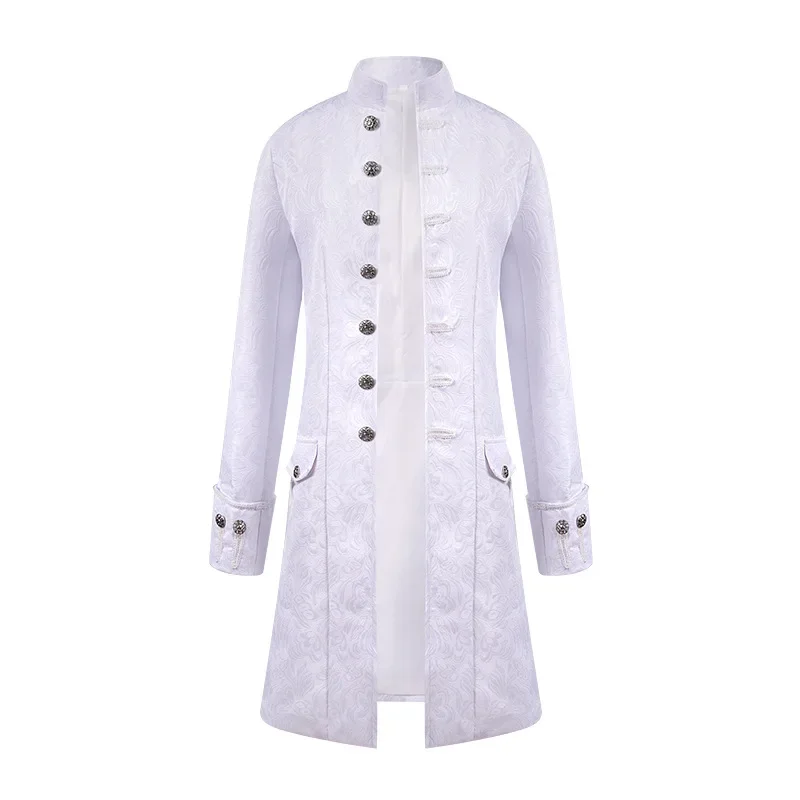 Men White Jacquard Long Coat Vintage Steampunk Tailcoat Jacket Men Gothic Victorian Frock Coat Uniform Halloween Cosplay Costume