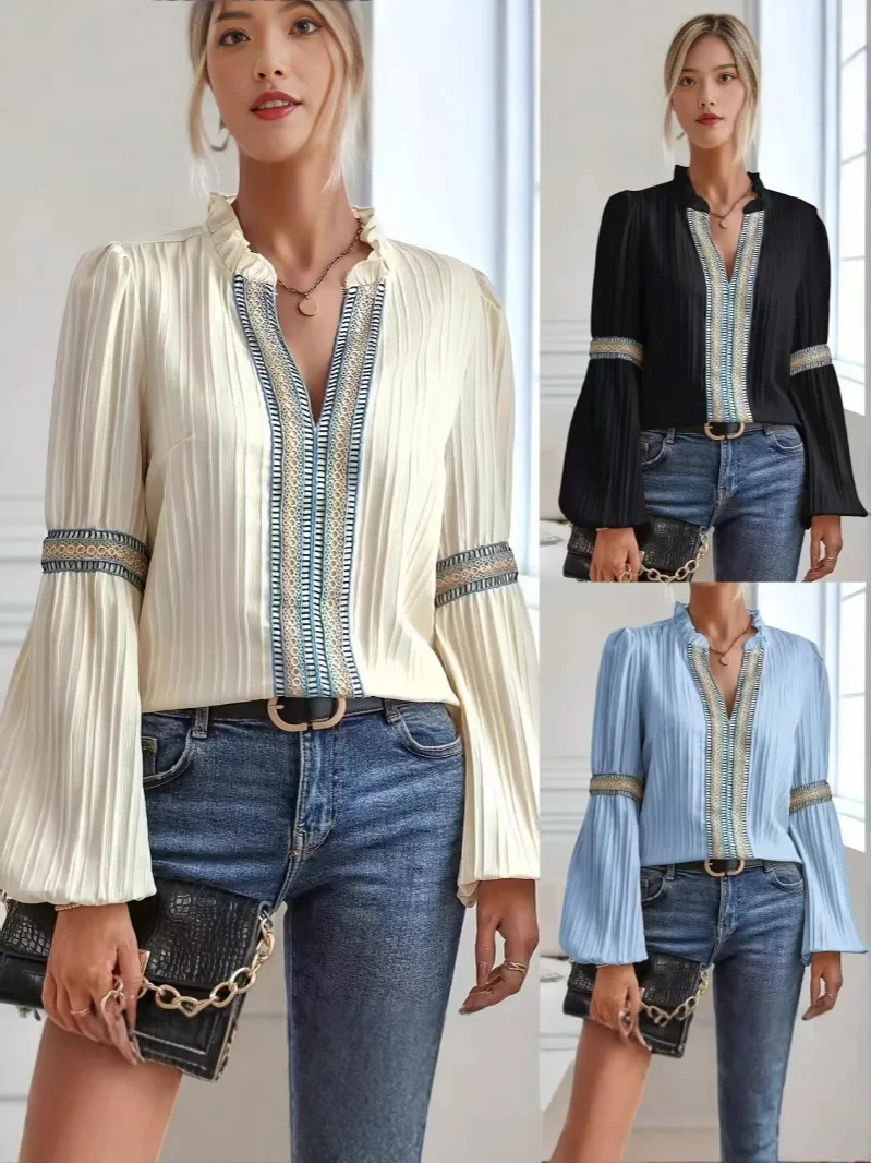 

Autumn and Winter New Ramie European and American Embroidered Round Neck Long-Sleeved Shirt Women's French Shirt Linen