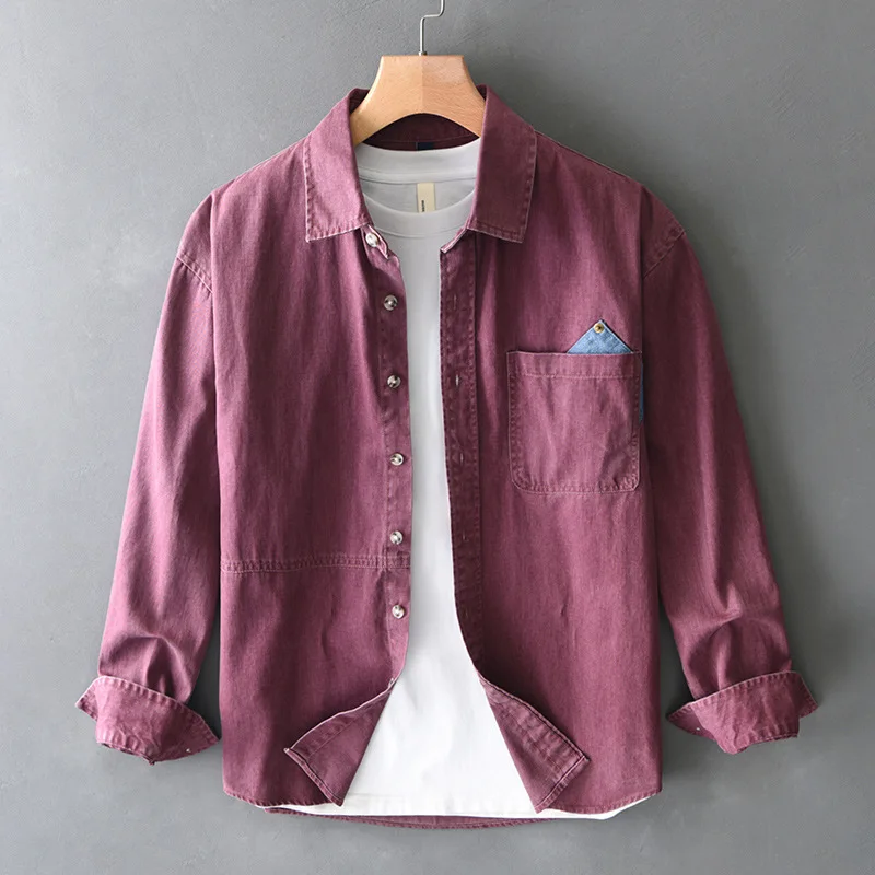 

Loose Cargo 100% Cotton Long Sleeve Shirt for Men Simple Classic Daily Shirts Mens Clothing Brown Red 2025 Spring New