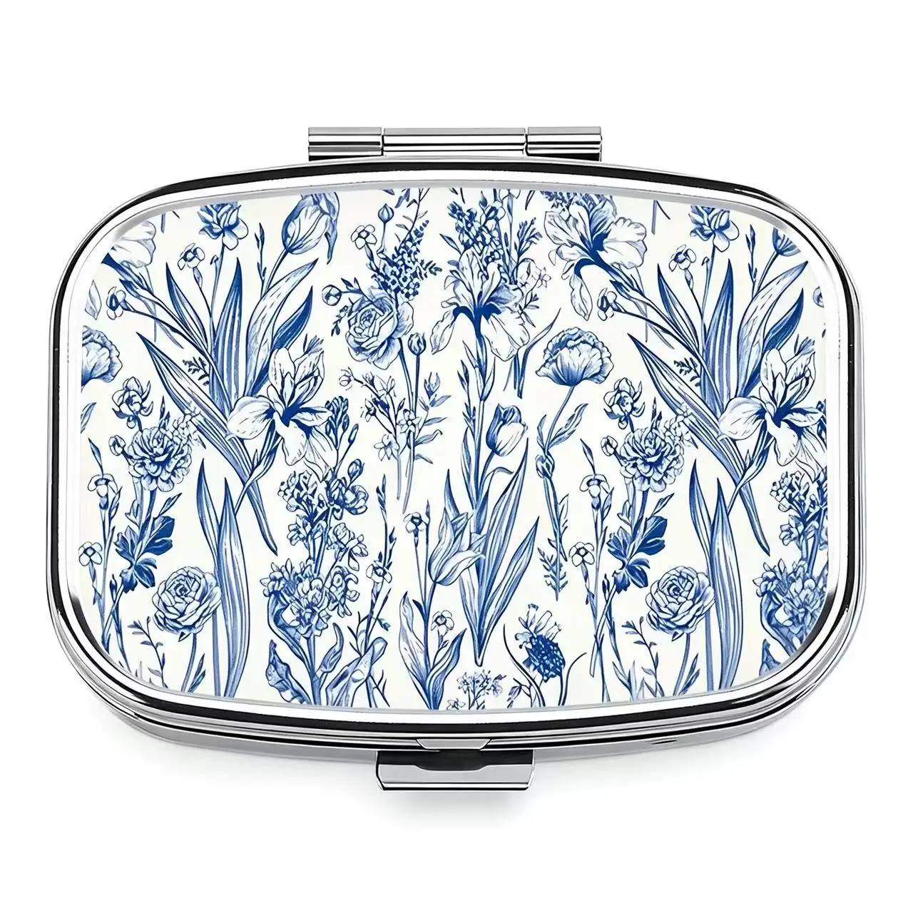 Tragbare 2-Fach Metall-Pillendose, Vintage Blau mit Blumenmuster Bedruckte Taschen-Pillenbox Mini Reise-Medikamentenhalter