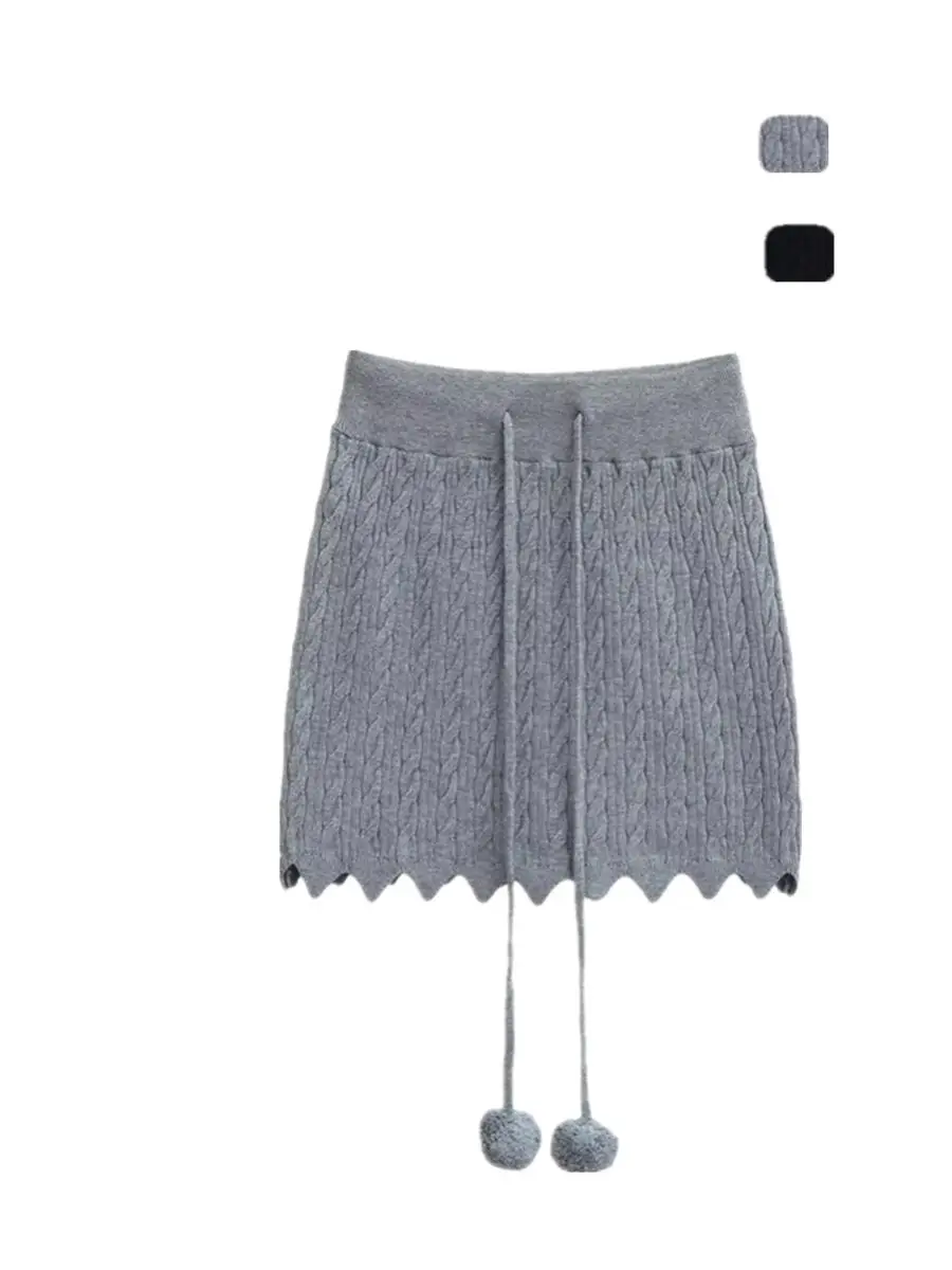 Falda Corta Sexy de Punto Suave con Borde Ondulado y Detalle de Bola, Estilo Urbano, Cintura Alta, Ajustada, Color Puro, Comb...