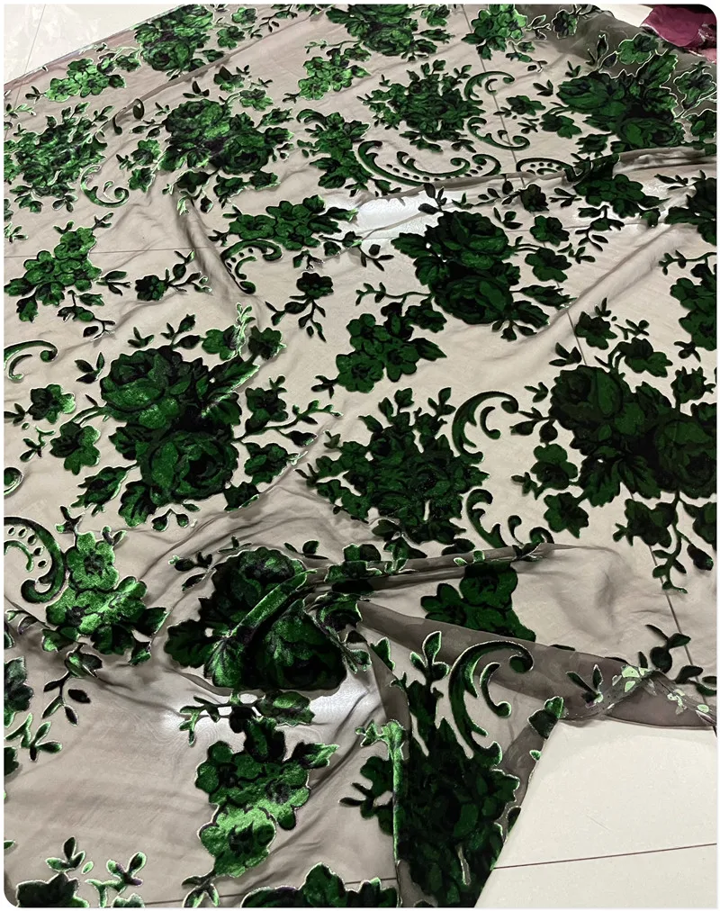 Gray Base Green Print Hollow Silk Velvet Mulberry Silk Cotton Velvet Cloth Dress Cheongsam Shirt Short Sleeve Clothing Fabric