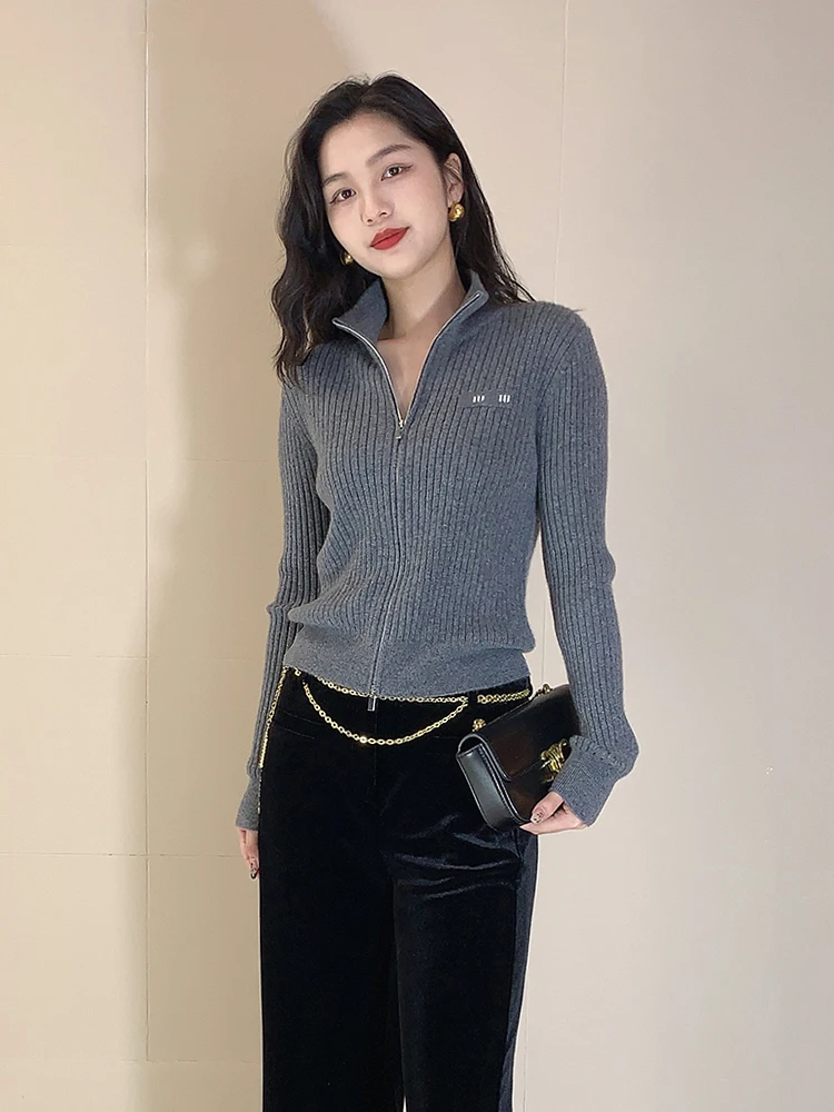 

Tangmi Home 298g Consini Camere ort Fit Knitted Cardigan Women's Outerwear Small Stand Collar Zipper Knitted Sweater