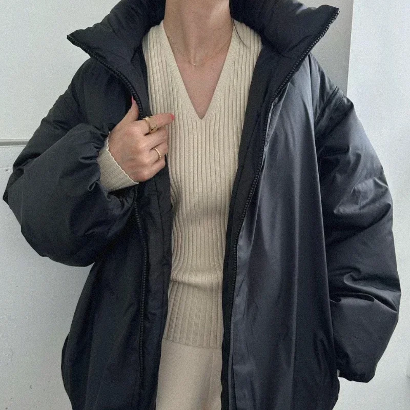 2024 Autumn Winter Solid Office Lady Parkas Detachable Sleeve Hooded Jackets Loose Casual Drawstring Zipper Warm Down Coats