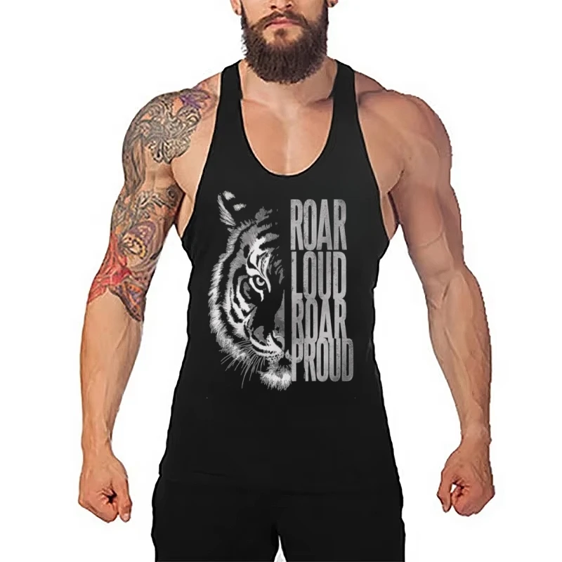 Men's Tiger Graphic Y Back Stringer Vest - Cotton Sleeveless Top for Summer Gym, Bodybuilding, Fitness & Workout Muscle Clothing