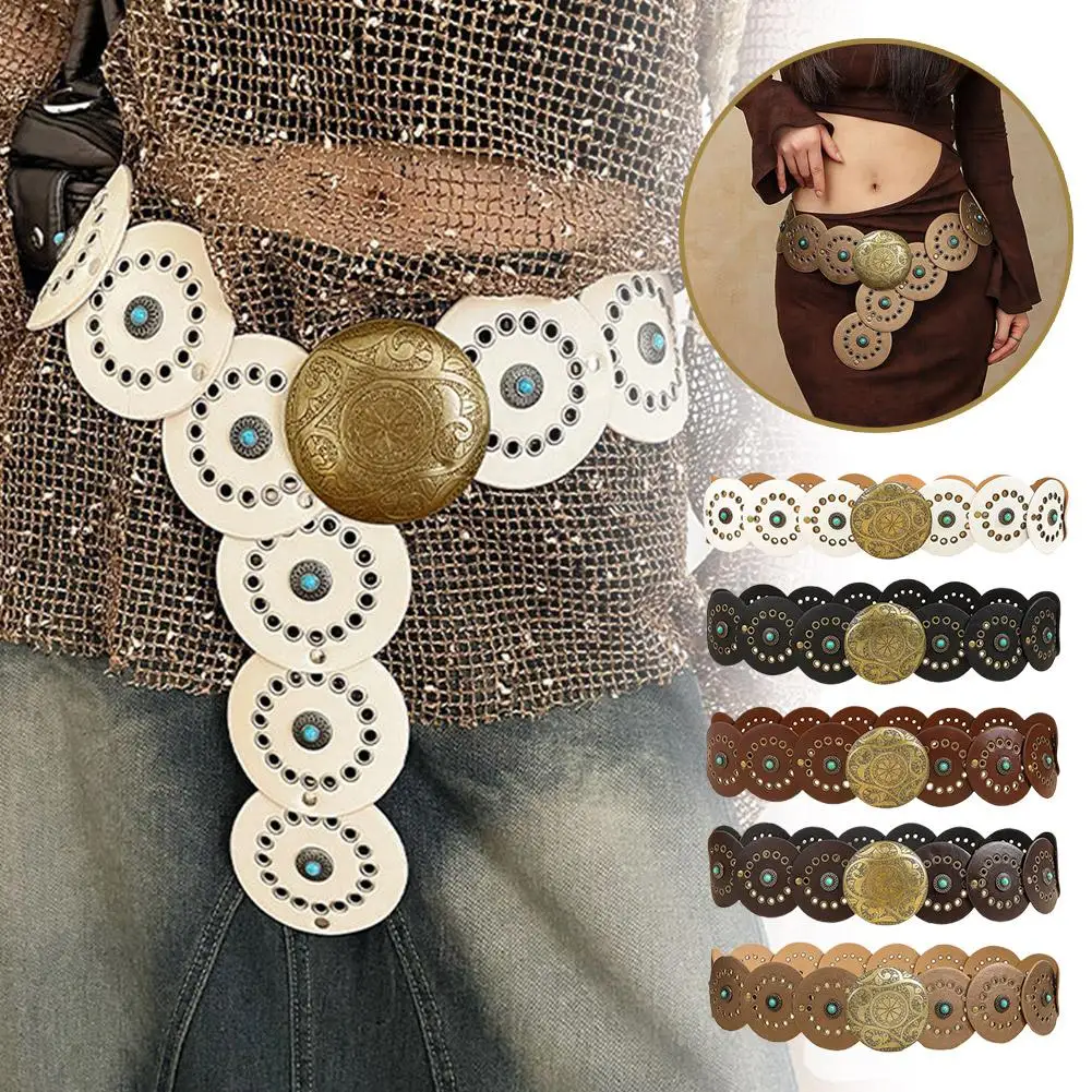 

Модный металлический ремень с пряжкой в стиле пастушки Y2K, ковбойский диск в стиле вестерн, бирюзовый ремень, стильный аксессуар, индивидуальный полый женский ремень Q3W4