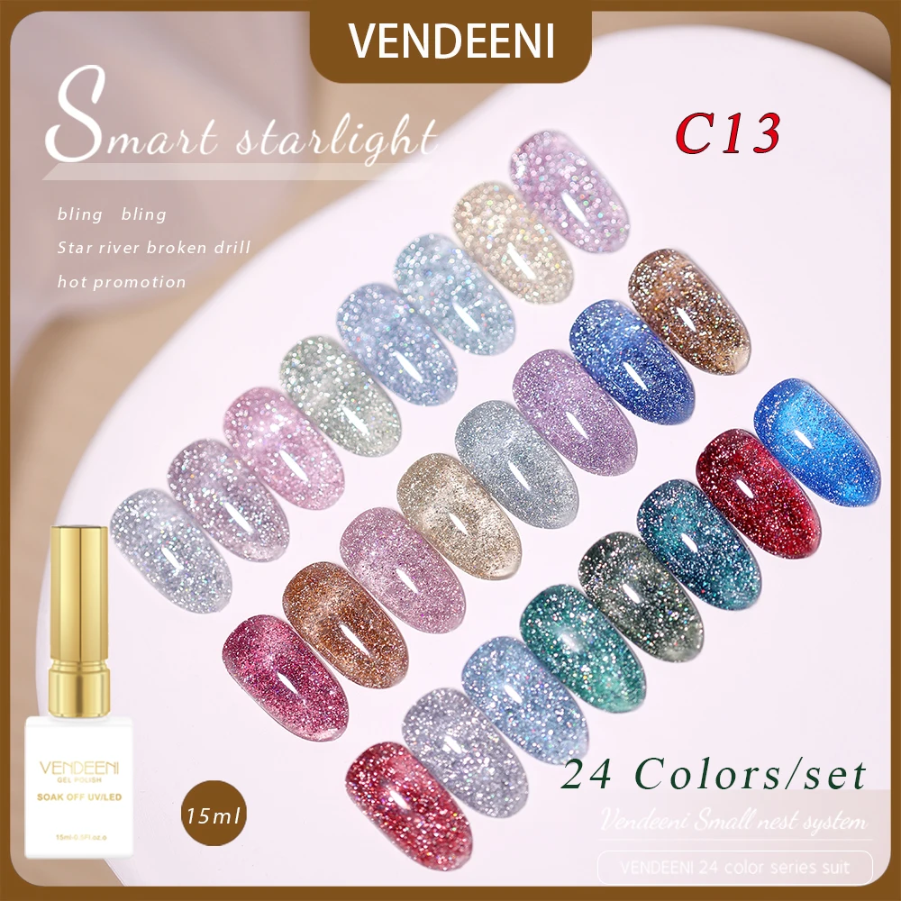 

Vendeeni 24 Colors/set Glitter Broken Diamond Gel Nail Polish Semi-permanent UV Soak Off Gel Lacquer Nail Art Gel Varnish