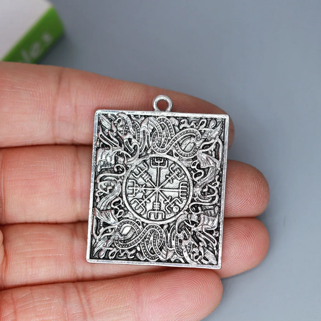 3pcs/Lot Slavic Vegvisir Compass Charm Rectangle Carved Pattern Pendant for Jewelry Making DIY Necklace Handmade Craft Material