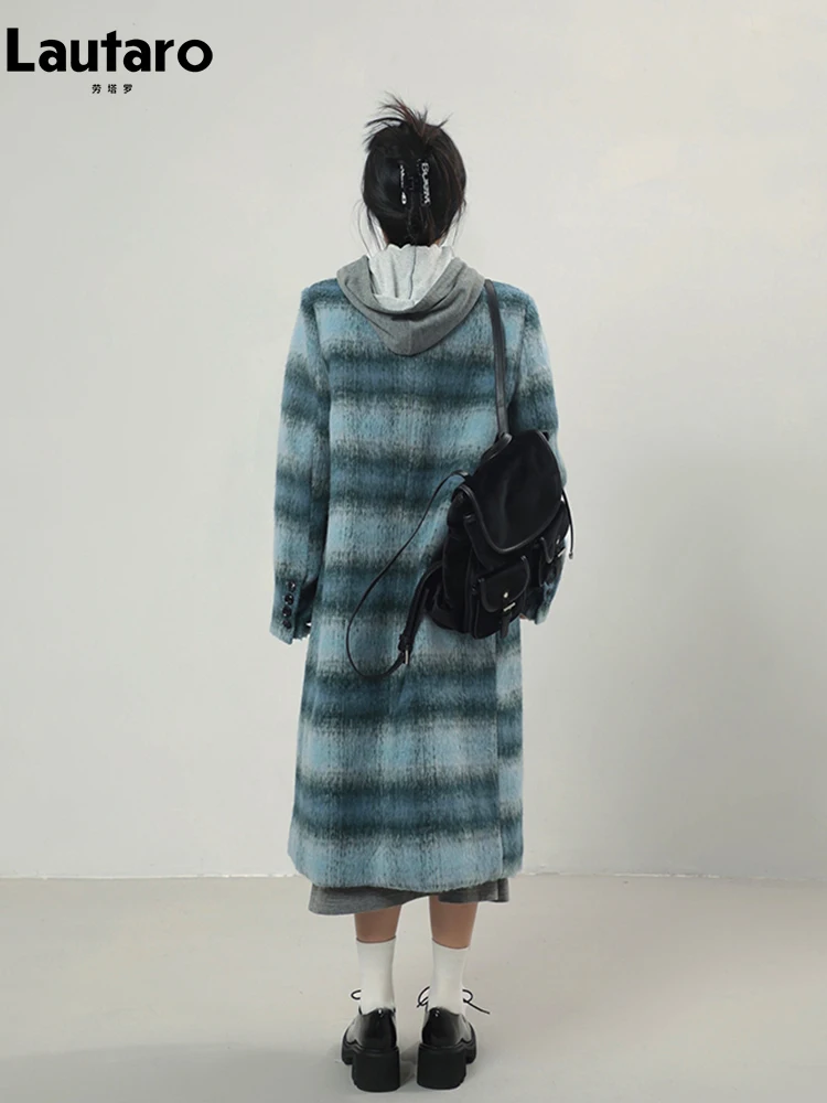 Lautaro-Woolen Coats for Women, Long Warm Coats, Colorful Plaid, Double Breasted, Shoulder Pads, Korean Fashion, Autumn, Winter