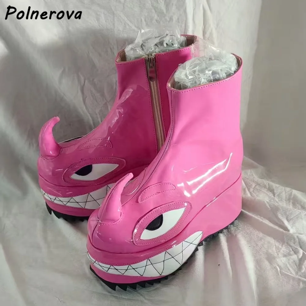 Botas de tiburón rosa de retales con cremallera lateral, plataforma de cuero con punta redonda y cremallera, botines divertidos y geniales, zapatos de estilo elegante de invierno para mujer