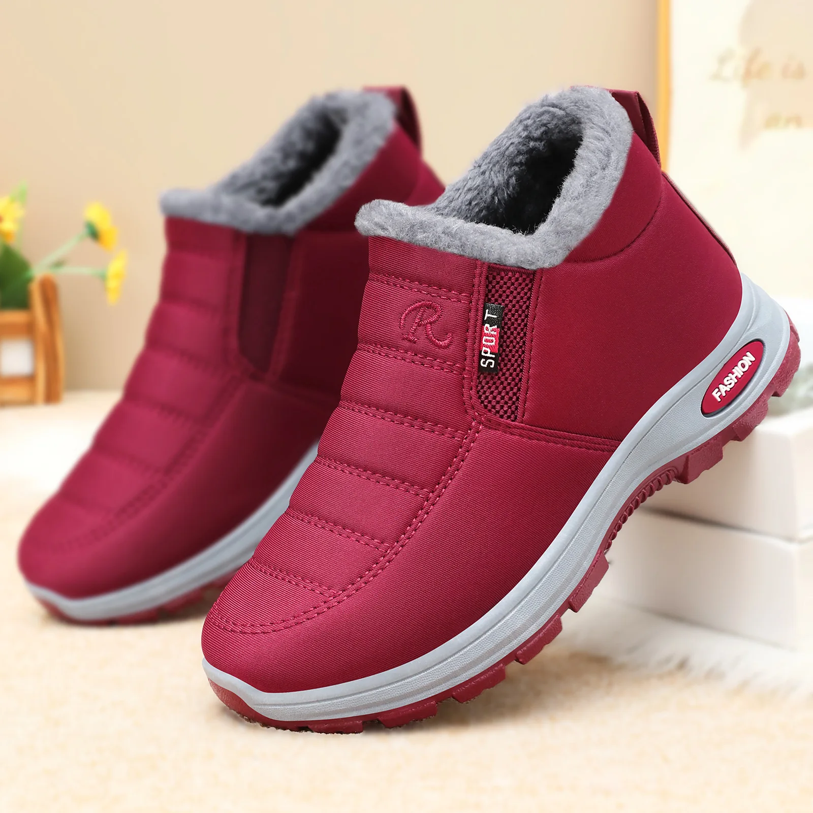 

Women's Winter Warm Fur Lined Snow Boots Side Zipper Slip-On Shoes Non-slip Soft Sole Waterproof Elderly Casual Footwear Outdoor