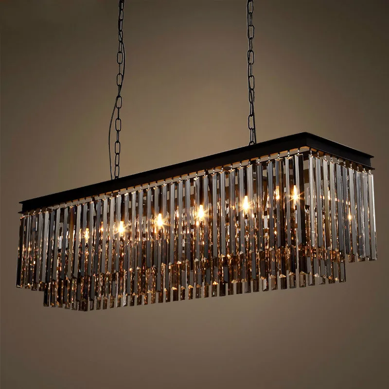 American Vintage Black Metal Gray / Amber  Clear Crystal Led Pendant Light Lustre K9 Tubular  2 Layers  