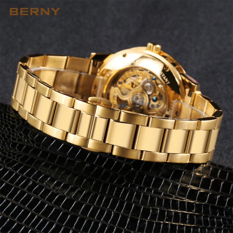 BERNY Men\'s Skeleton Automatic Watch Mechanical Blue Steel Hand Gold Tone Luminous Waterproof Vintage Reloj Hombre Pagani Design