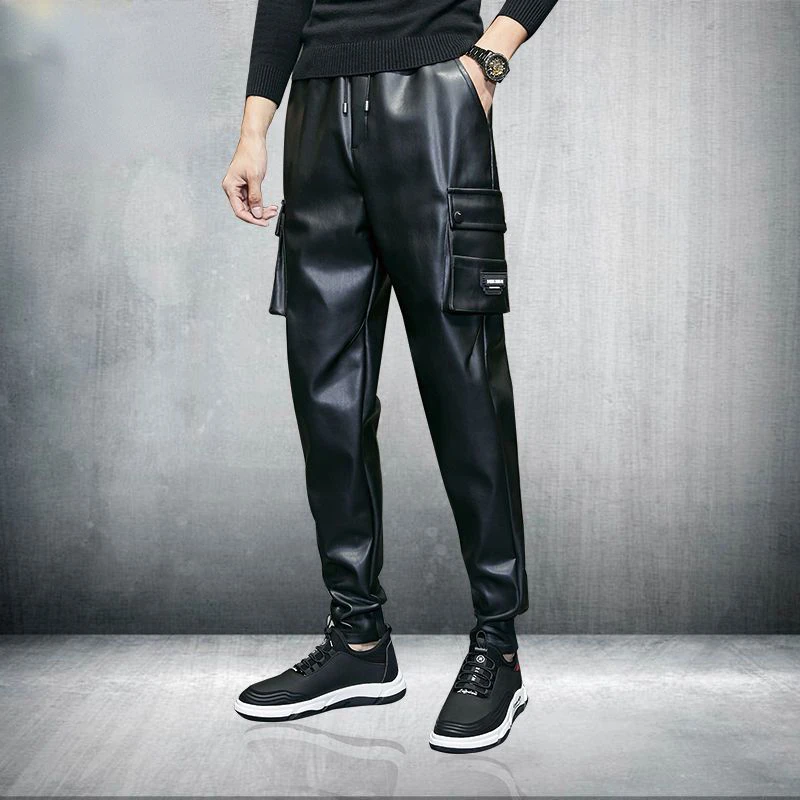 Leather Pants Men Winter Elastic Waist High Waist Casual Slimming Waterproof Windproof Military Pants Leather Cargo Pants Male