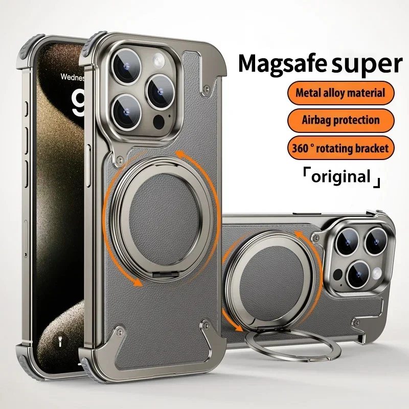 

Alloy Frameless Magsafe Case For iPhone 15 Pro Max Rotating Metal Ring Bracket Rimless Holder Matte Leather Airbag Armor Cover