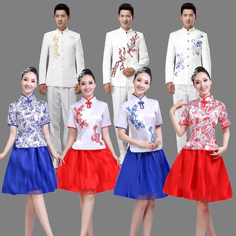 yesChinese style folk music blue and white porcelain choir performancecostume Adult Guzheng Erhu recitation performance dressfem