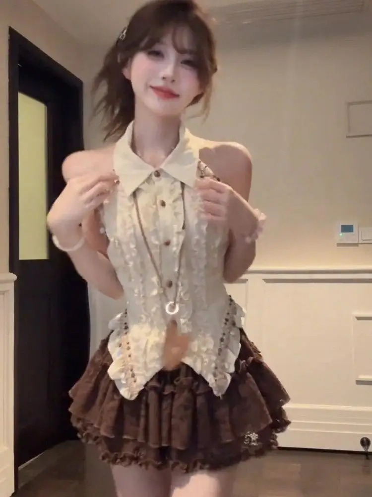 Pure Desire Spicy School Girl Uniform Set Design Sense Wooden  Ear Hanging Neck Sleeveless Vest Top High Waist Short Skirt