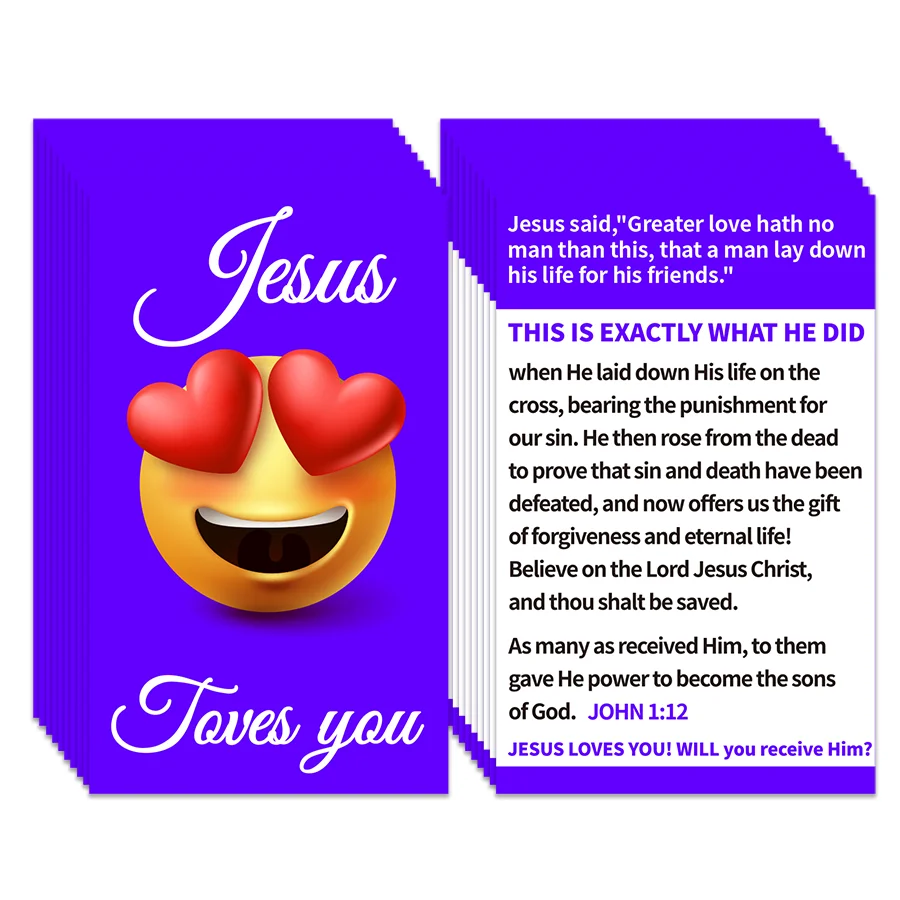 Carte postale Gospel Tract violet, cartes de plan de salut, poche de soixante-deuxième évangile, cartes postales saintes, cartes de prière, 100 pièces