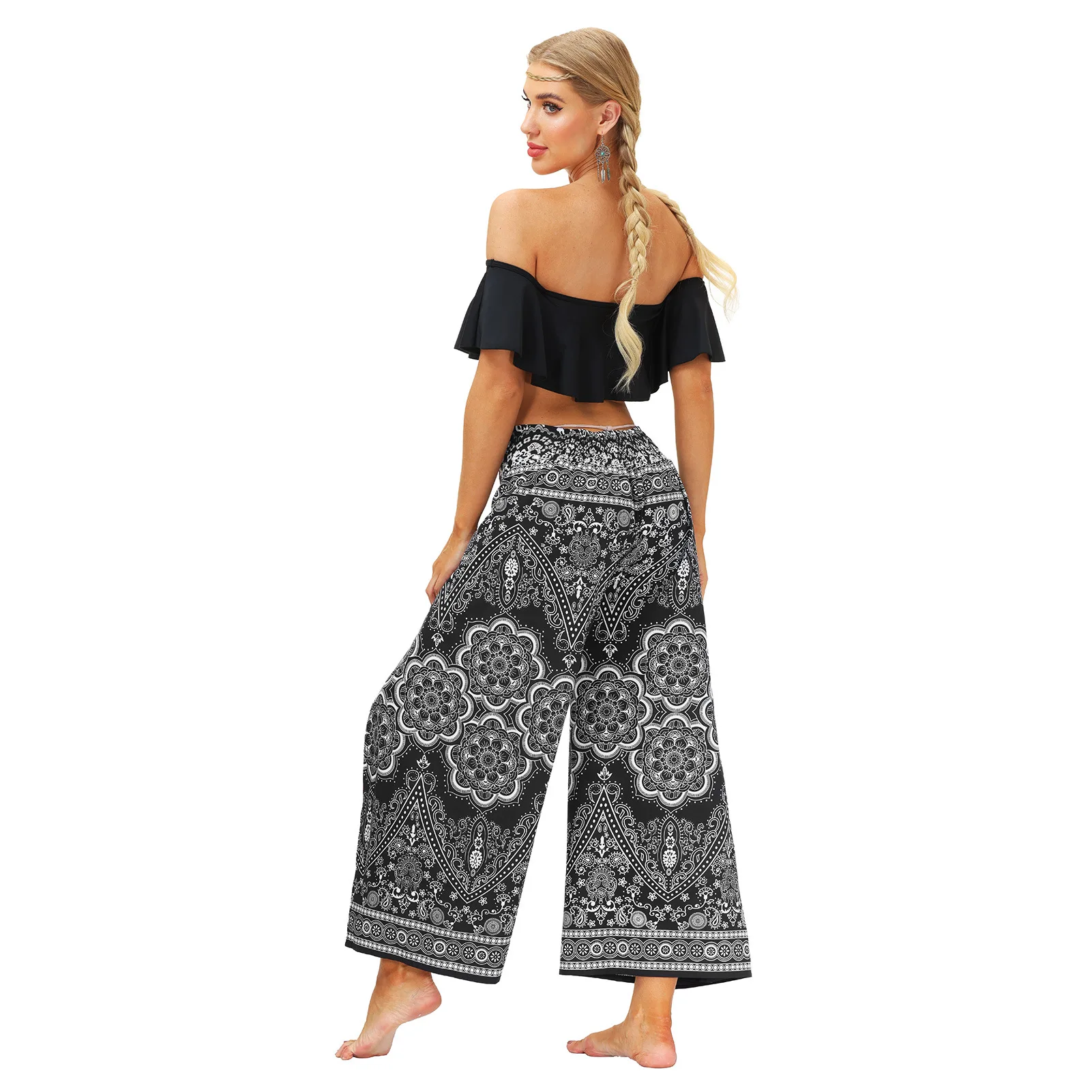 Women Split Wide Leg Elastic Waist Boho Harem Pants Palazzo Split Loose Yoga Trousers