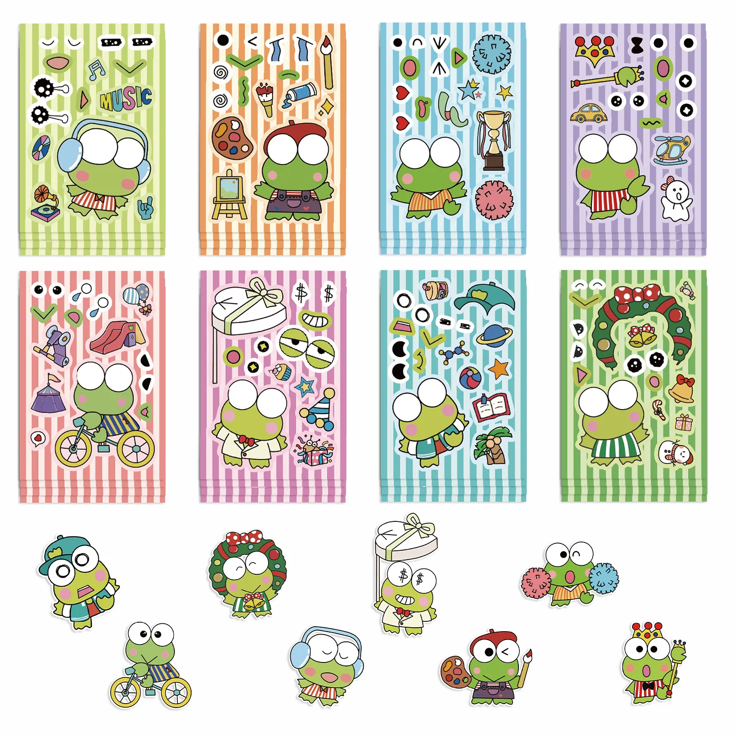 8/16Sheets Cute Sanrio Kero Kero Keroppi Anime Puzzle Sticker DIY Make-a-Face Assemble Cartoon Decal Jigsaw Fun for Children Toy