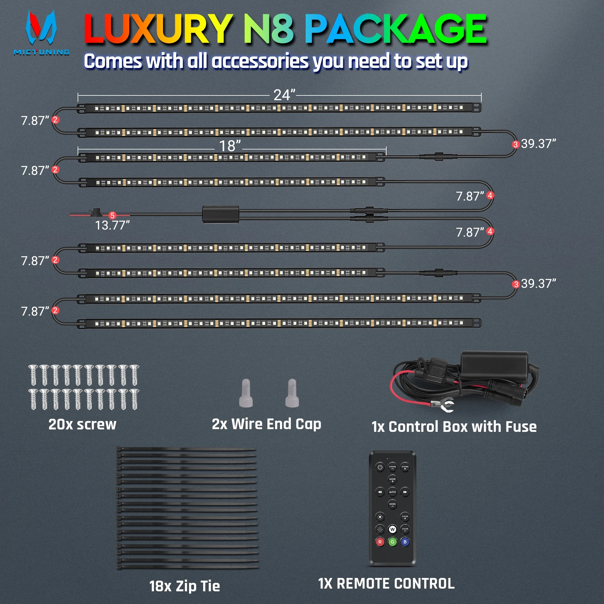 MICTUNING 252PCS RGBW LEDs, N8 Car Underglow Light Strips Underbody Multicolor Light Bars With Wireless App Remote Dual Control